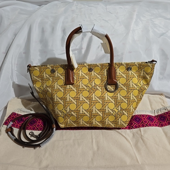 NWT Tory Burch Small Canvas Basket Weave Tote Saffron Yellow W/Dustbag
